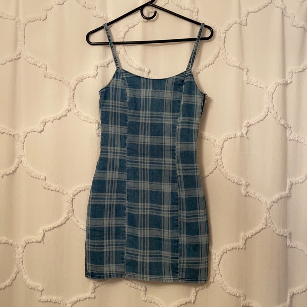 Denim checkered print mini dress never worn